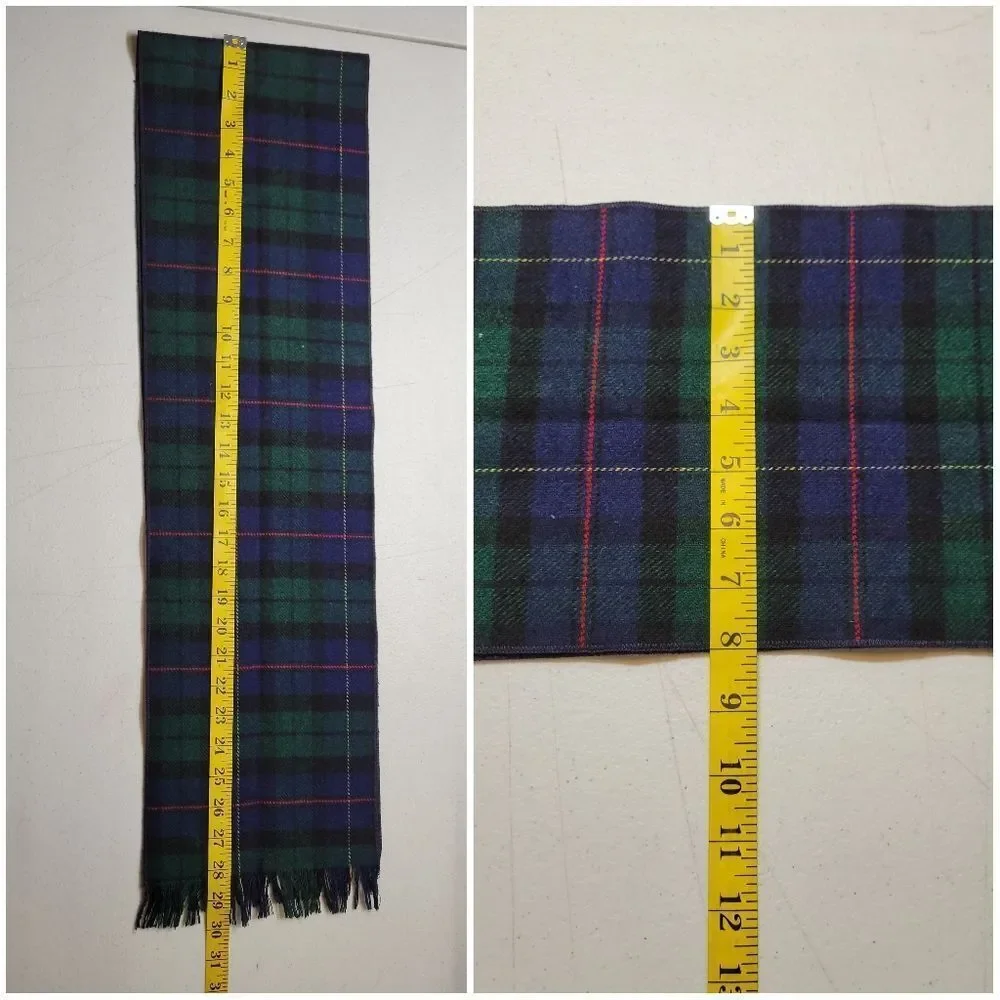 Vintage Wool Tartan Plaid Navy Blue and Green Scarf with Short Fringe
